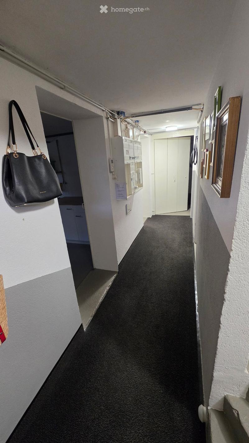 A narrow carpeted hallway with white walls, a black handbag hanging on the left, and a small shelf with papers and a framed picture on the right. The hallway leads to a closed white door at the end.