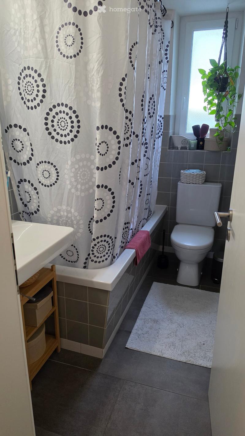 Modern bathroom with a bathtub, toilet, sink, and shower curtain. Includes a wooden shelf, a bathroom rug, and a small plant on the windowsill.