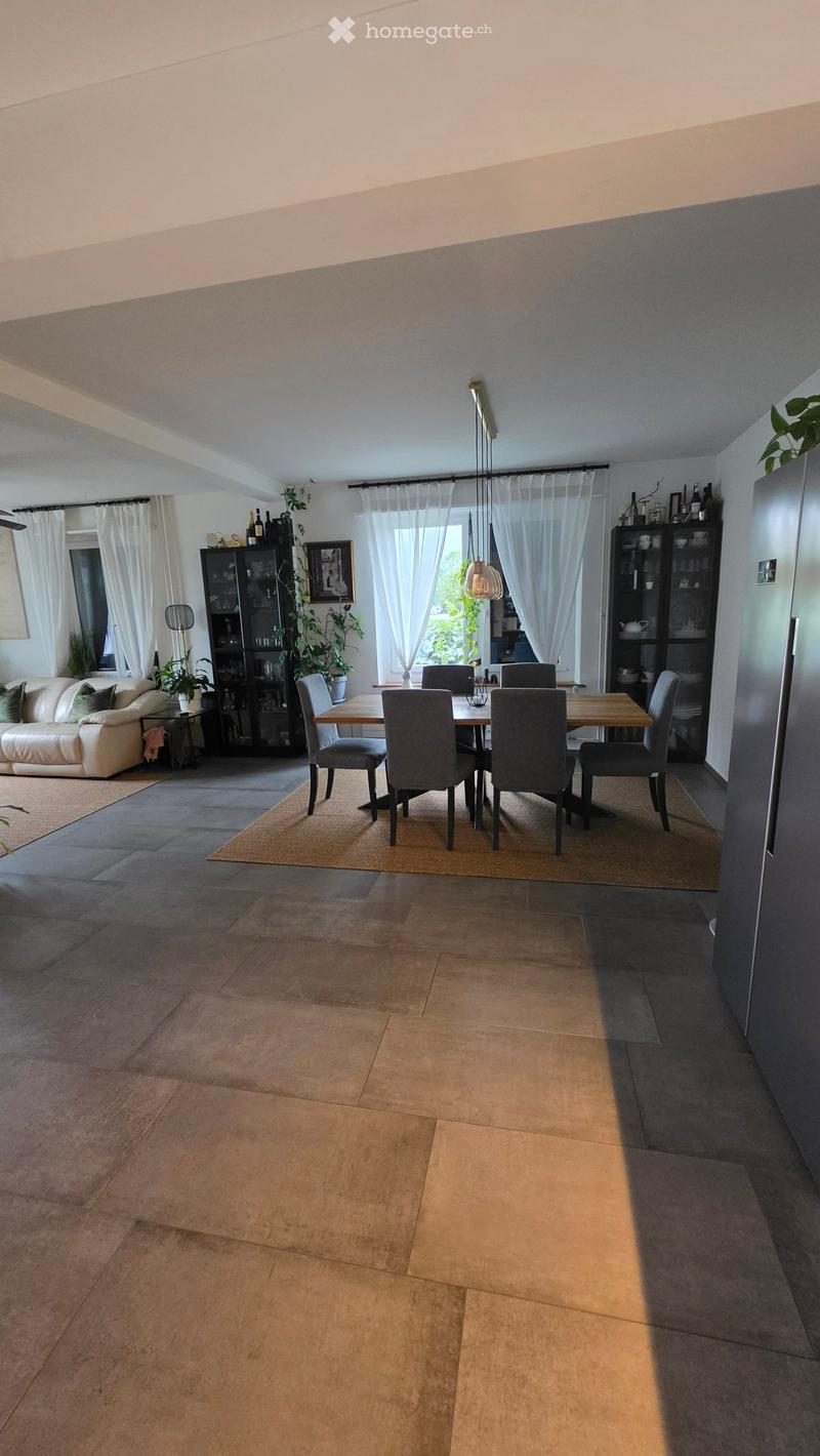 Open-plan living and dining area with a sofa, dining table, chairs, cabinets, pendant light, and plants.