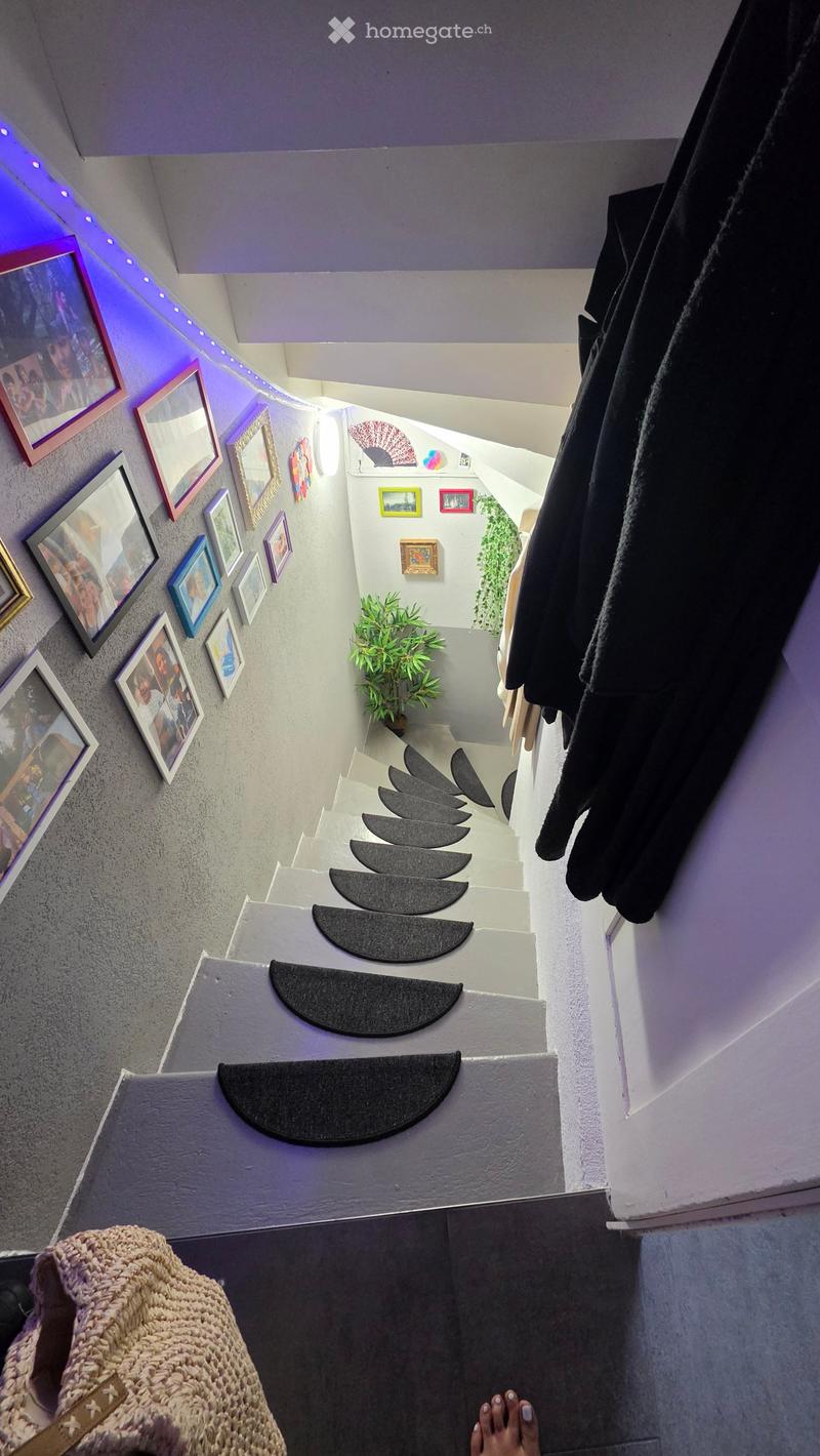 Staircase with white steps, black circular mats on each step, framed pictures on walls, small potted plants, and a coat rack with hanging coats.