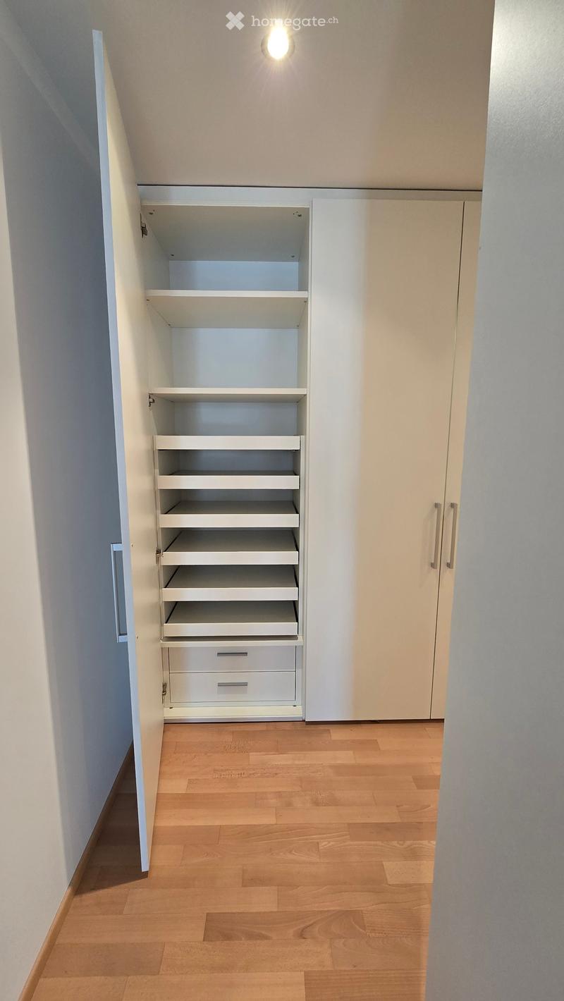 Empty room with light wooden flooring and white walls, featuring an open closet with multiple shelves and drawers.