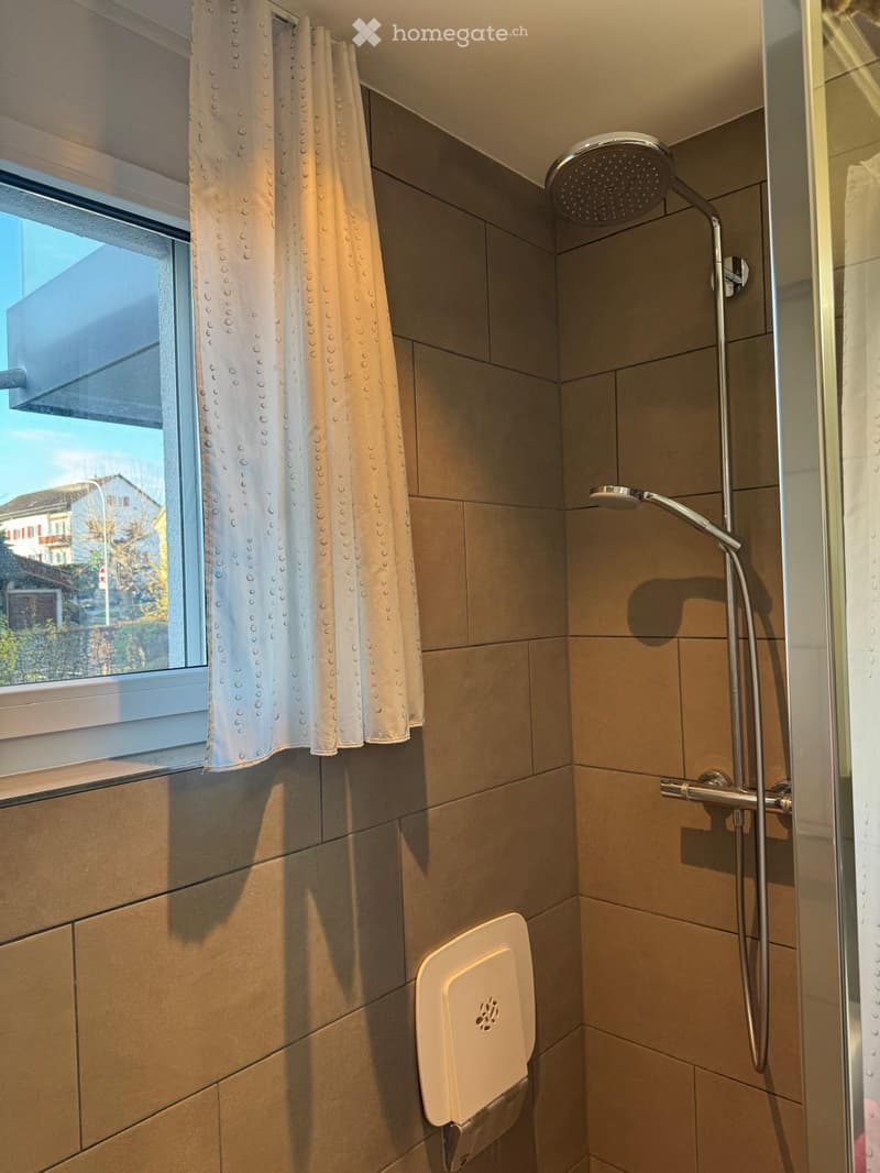 Modern shower area with beige tiles, a glass shower enclosure, a showerhead, a handheld shower spray, and a toilet paper holder.