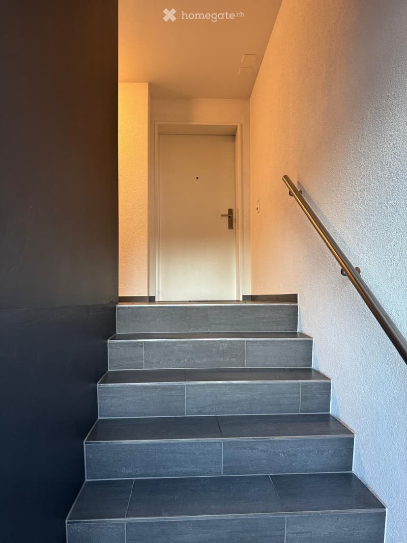Staircase with grey tiled steps, white walls, and a metal handrail leading to a closed door at the top.