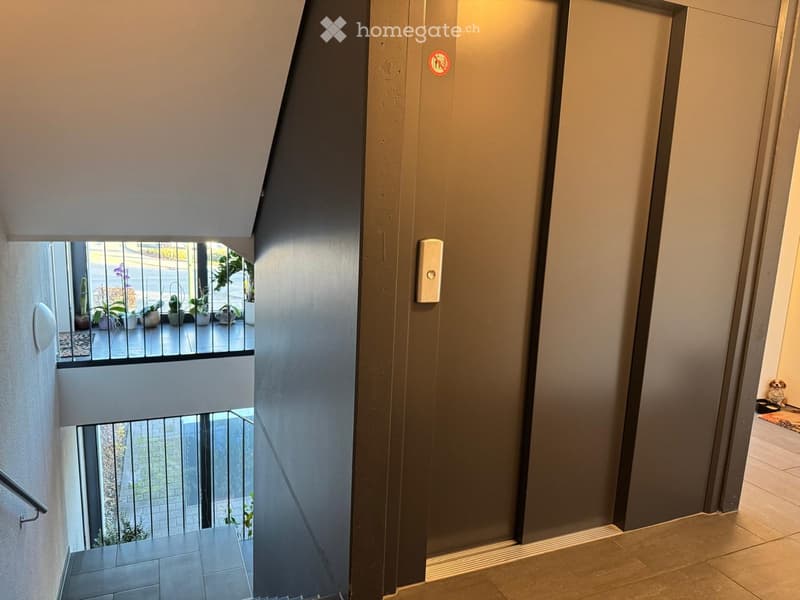 Hallway with tiled floor, grey walls, and a view of a balcony area with potted plants and outdoor furniture.