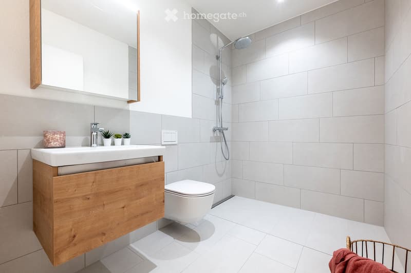 Modern bathroom with white tiles, a wooden sink cabinet, a toilet, a shower with a handheld sprayer, a large mirror, and small potted plants on the sink counter.