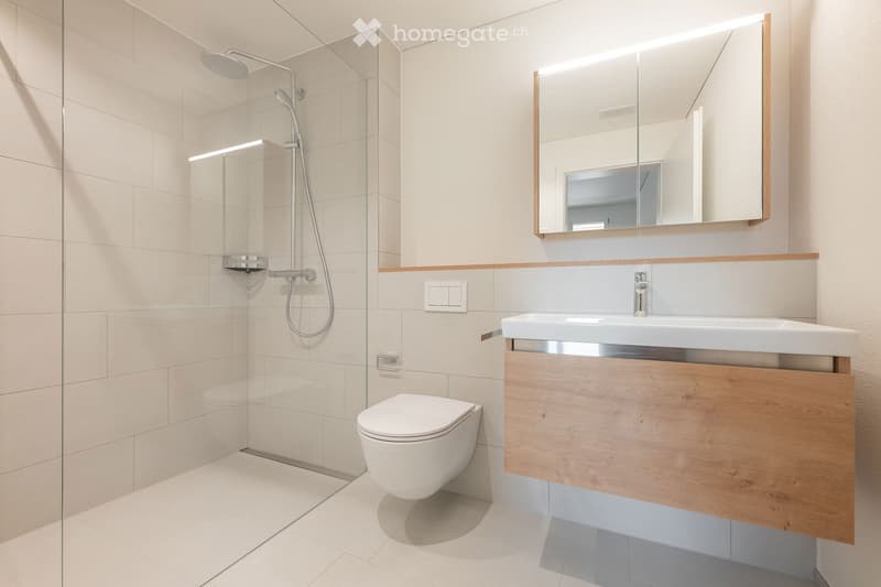 Modern bathroom with a glass-enclosed shower, toilet, sink with wooden cabinet, and large mirror with built-in lighting.