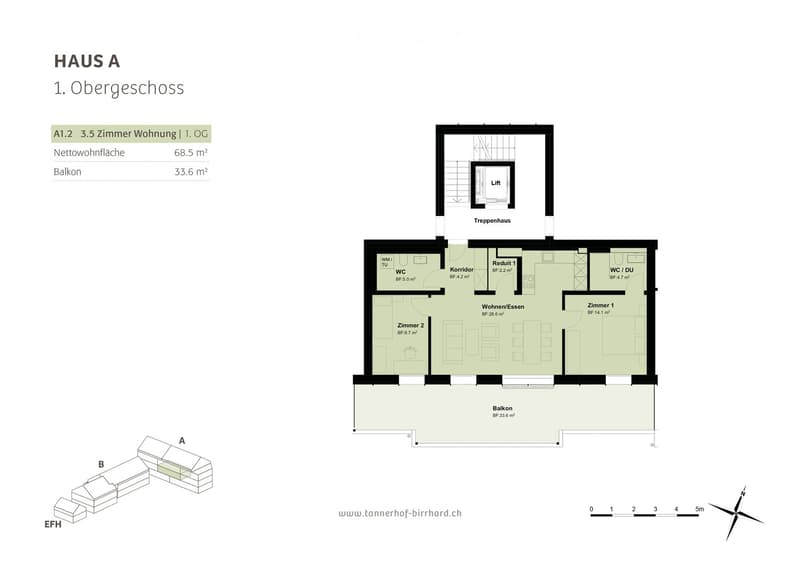 Floor plan of a 3.5-room apartment on the first floor, including living/dining area, two bedrooms, bathroom, hallway, and balcony.