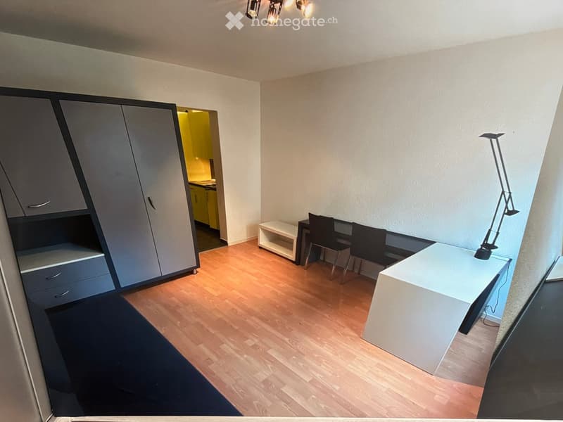 Modern, well-lit room with wooden flooring, a large grey wardrobe, a white desk with a floor lamp, a small table with chairs, and a shelf.