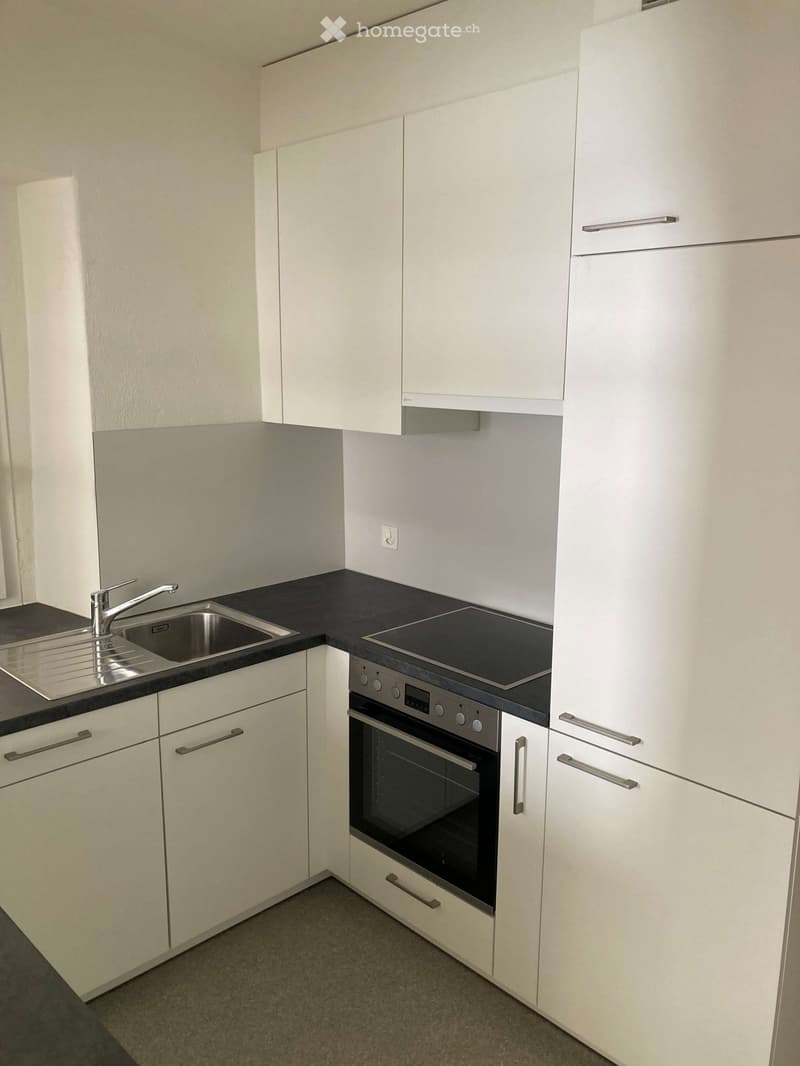 Modern kitchen with white cabinets, stainless steel sink, oven, and refrigerator. Dark countertops and grey flooring.