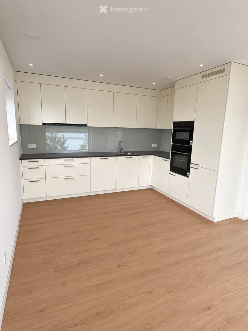 Modern, minimalist kitchen with white cabinets, a black countertop, and a wooden floor. Features a sink, oven, and built-in storage.