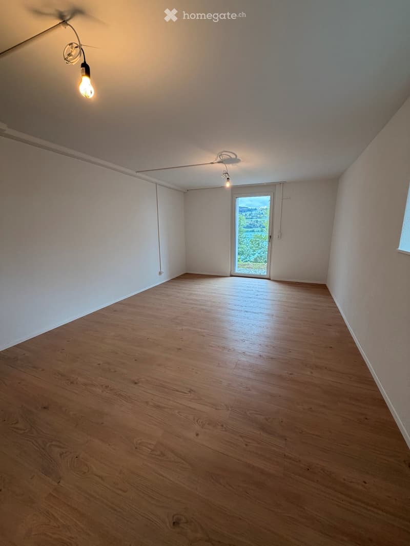 Empty room with wooden flooring, white walls, and a large window with a view of greenery.
