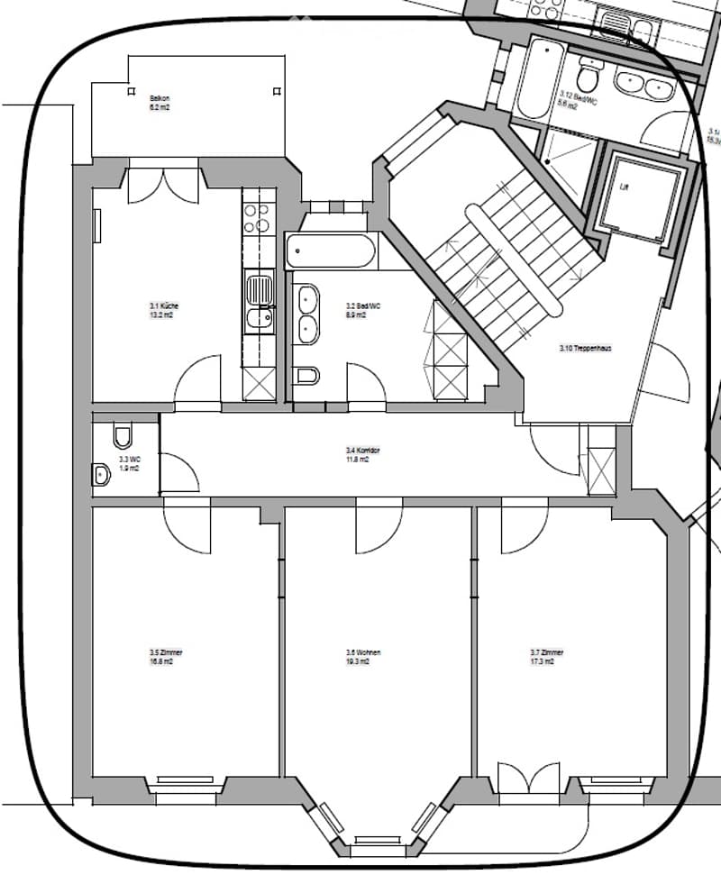 Floor plan of a house with a kitchen, living room, three bedrooms, two bathrooms, and a balcony.