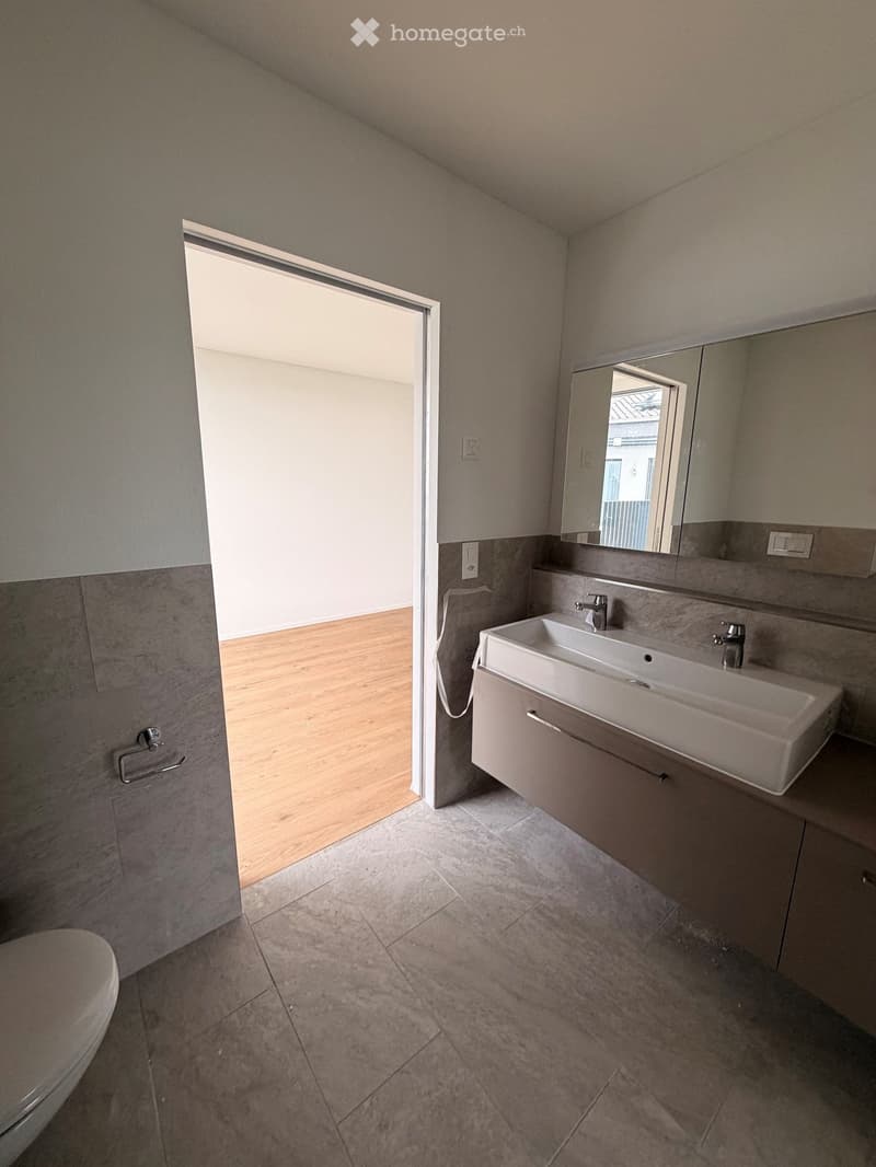 Modern bathroom with a double sink, mirror, cabinet, and toilet. Grey tiled walls and wooden flooring.
