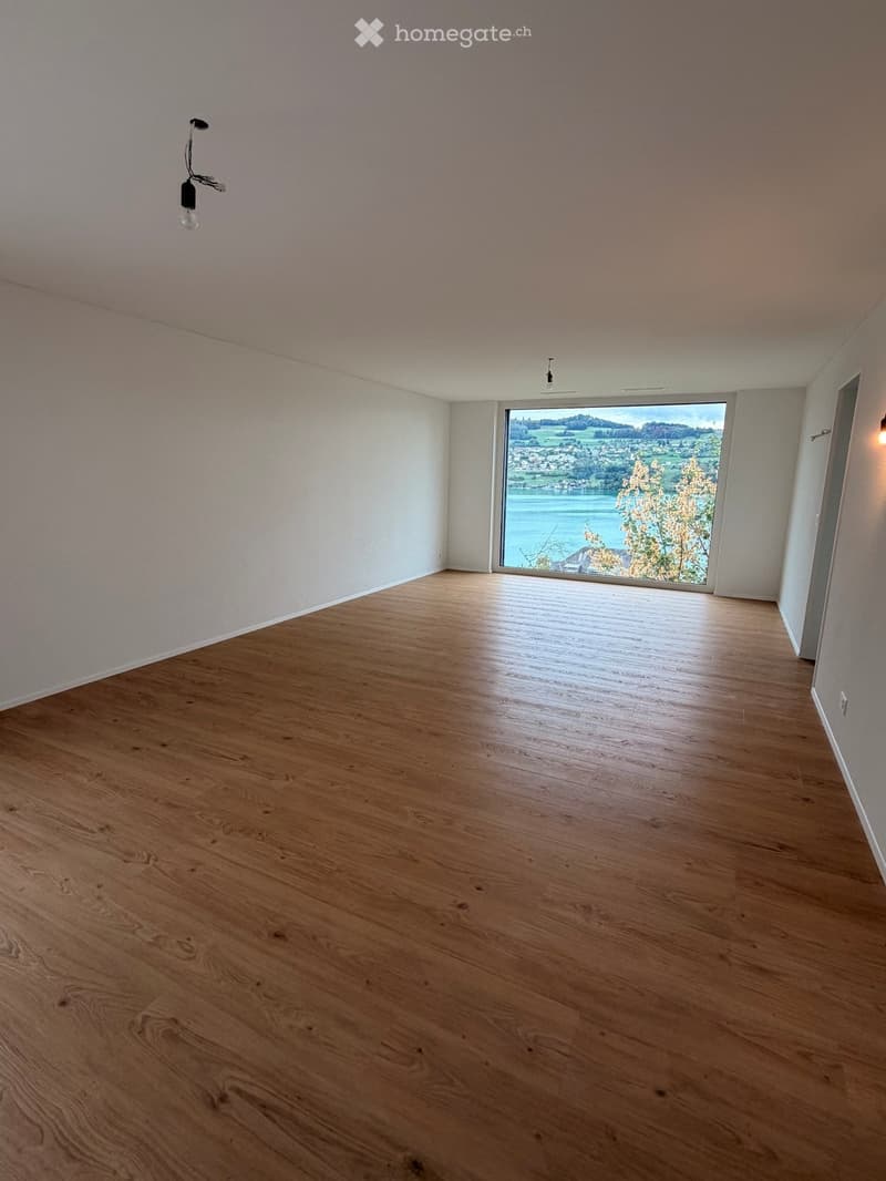 Empty room with wooden flooring, white walls, and large window offering scenic view.
