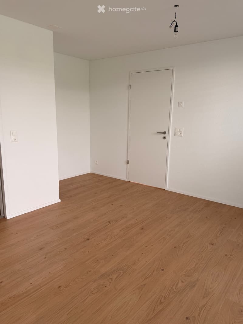 Empty room with light wooden flooring and white walls, featuring a closed white door and electrical outlets.