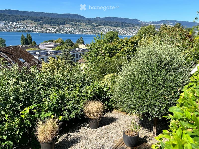 A lush garden area with potted plants and gravel pathways, overlooking a scenic lake and distant cityscape.
