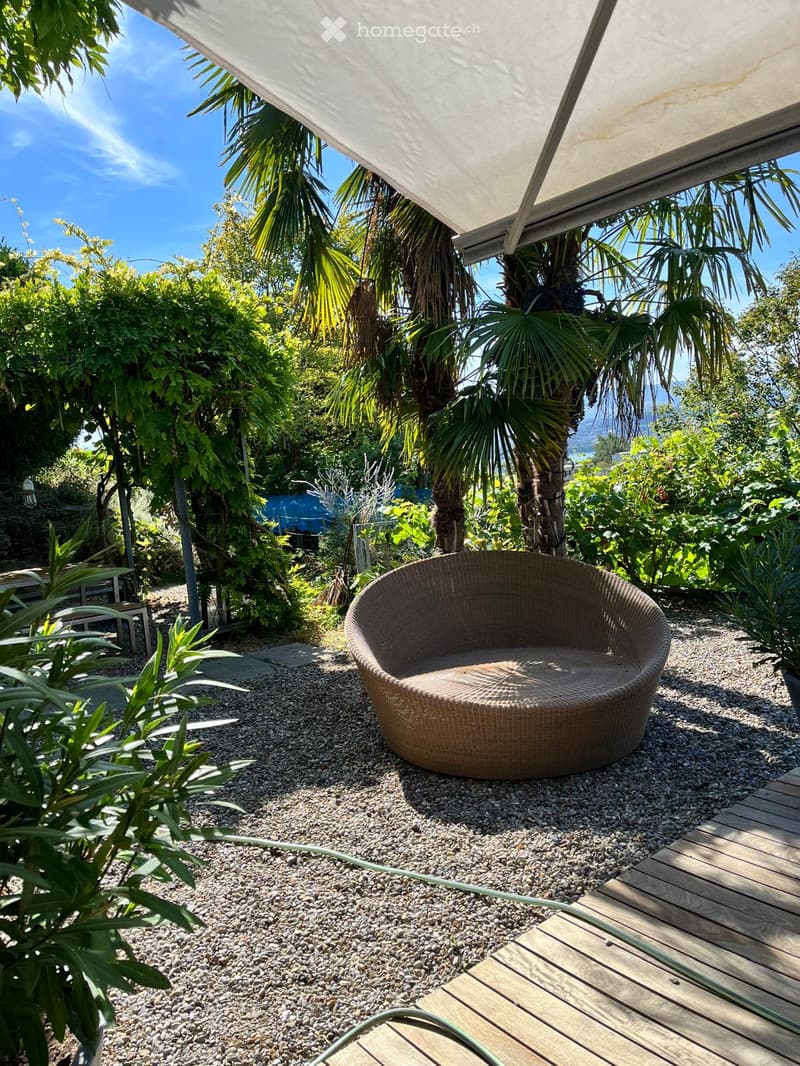 A serene outdoor garden area with a wicker chair, surrounded by lush greenery and palm trees, under a large canopy.