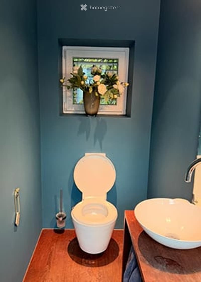 A small bathroom with a toilet, sink, and a vase with flowers on the windowsill. The walls are painted a deep blue, and the floor is wooden.