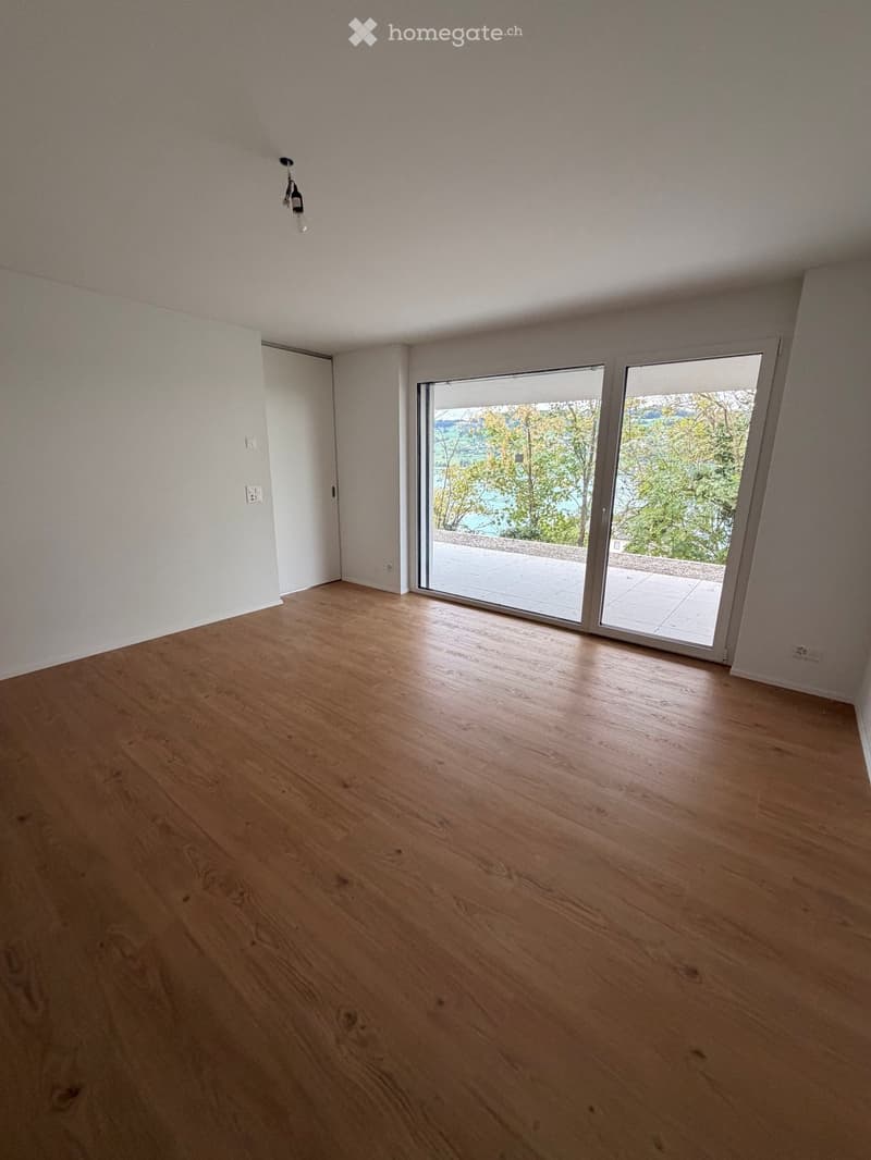 Empty room with light wooden flooring, white walls, and large sliding glass doors leading to an outdoor area.