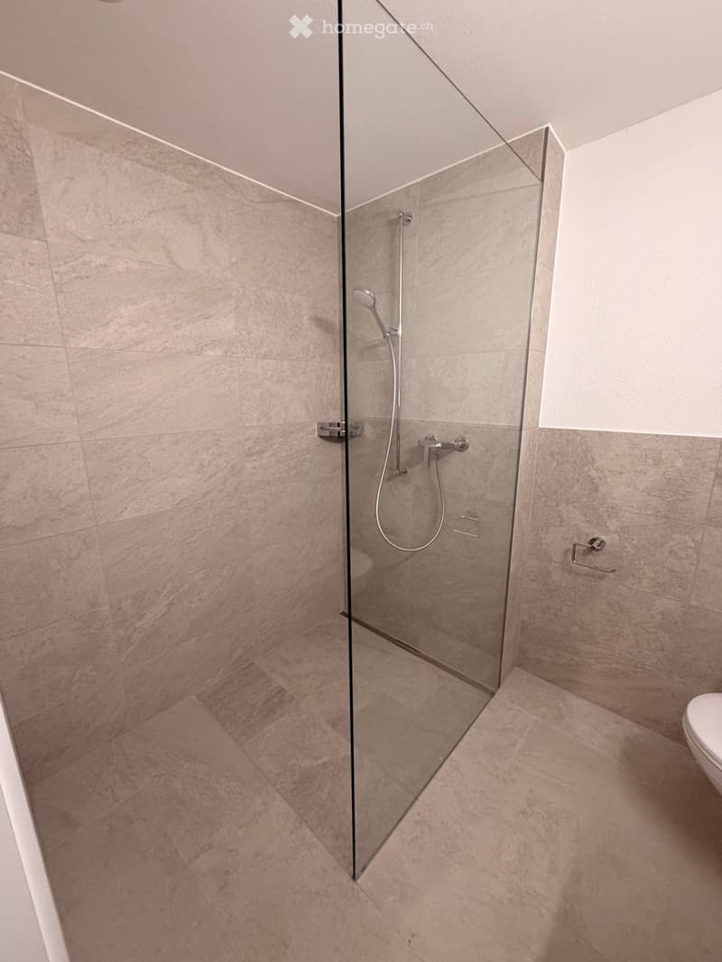 Modern bathroom with a glass-enclosed shower, beige tiles, and a toilet visible in the corner.