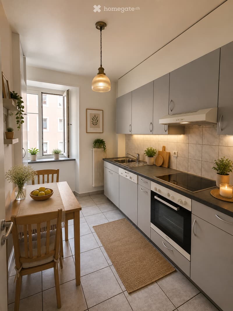 Modern kitchen with white cabinets, stainless steel appliances, a wooden dining table with chairs, and a small rug on the floor.