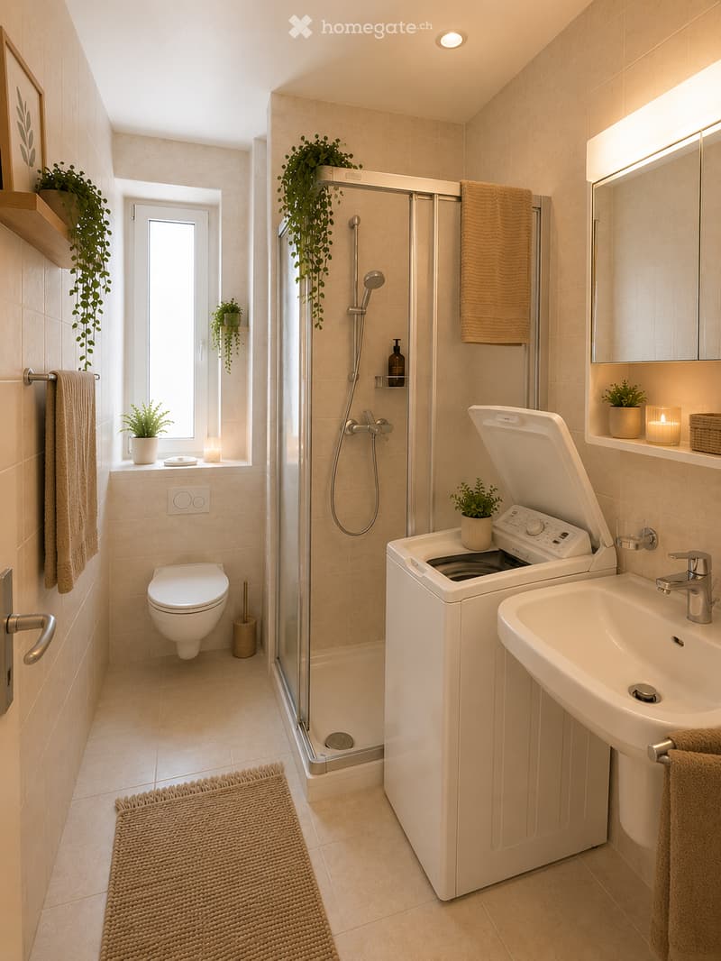 Modern bathroom with beige tiles, a toilet, sink, shower, washing machine, and decorative plants.
