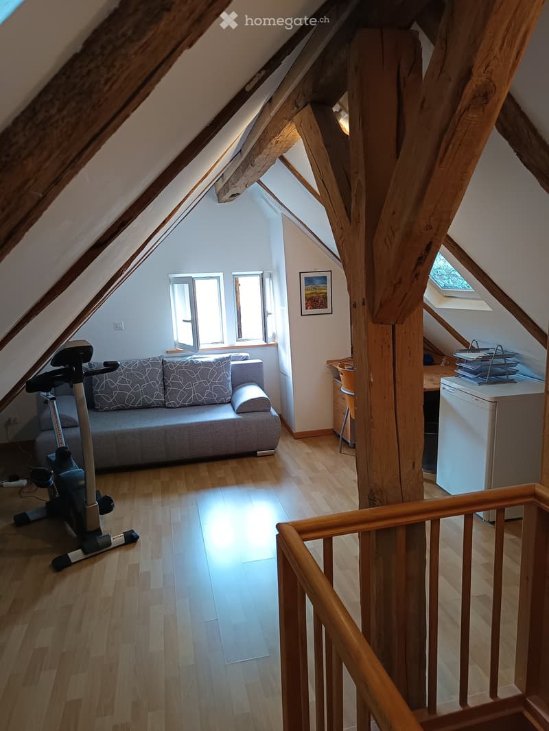 Exposed wooden beams, wooden floor, comfortable couch, desk, exercise bike, attic