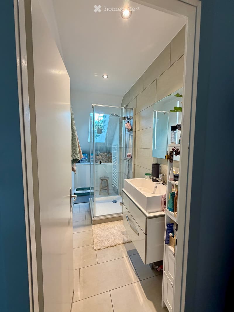 Modern bathroom with a white sink, mirrored cabinet, glass-enclosed shower, and a small stool inside the shower area.