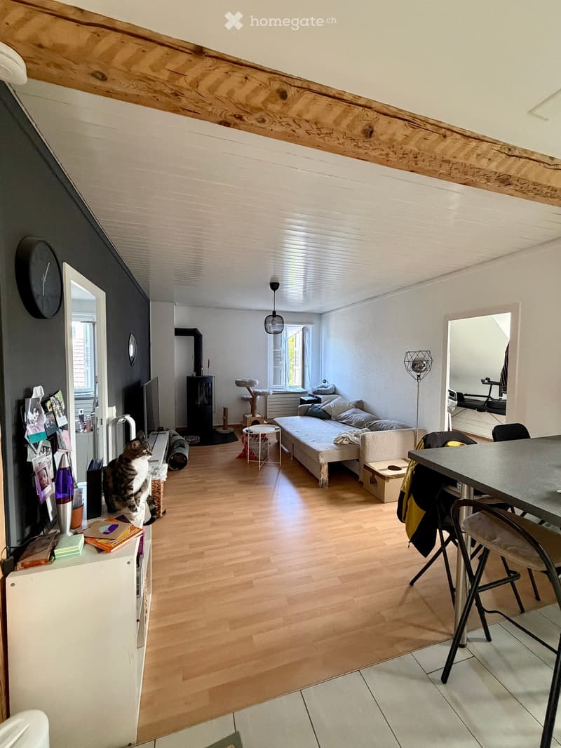 Living room with wooden floor, exposed wooden beams, sofa, table, chairs, cat tree, and a cat sitting on a shelf.