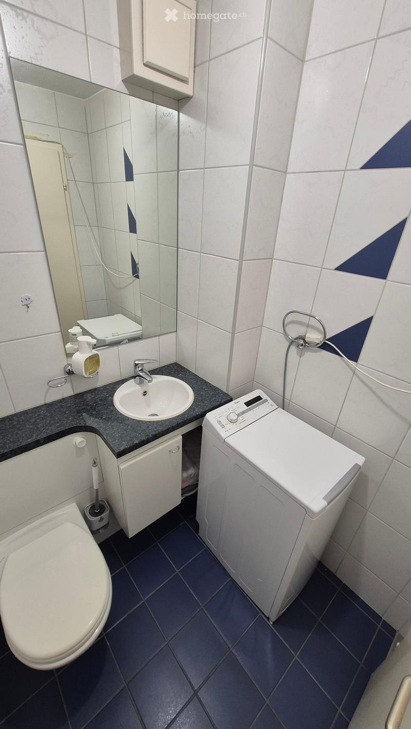 Modern bathroom with white tiles, a toilet, a sink with a mirror, a washing machine, and a dark countertop.