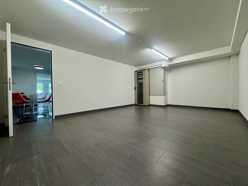 Empty room with a wooden floor, white walls, white ceiling, lights, door, and interior lights.