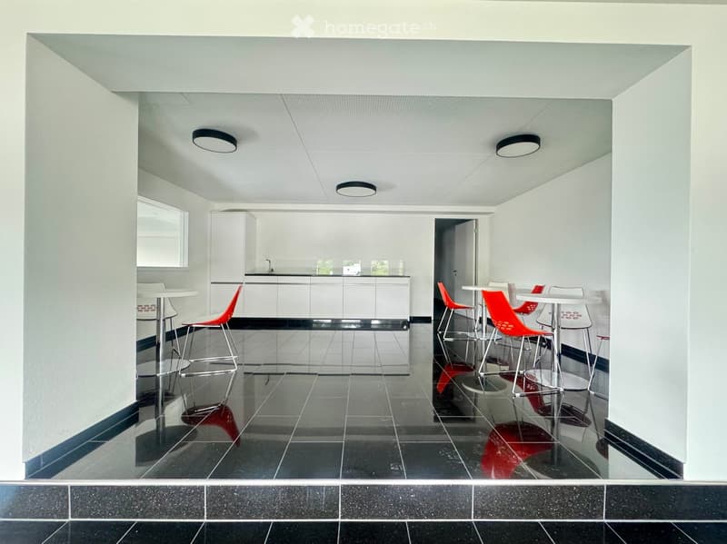 modern interior, white and black color scheme, black floor tiles, glass and metal tables and chairs, modern kitchen and storage area