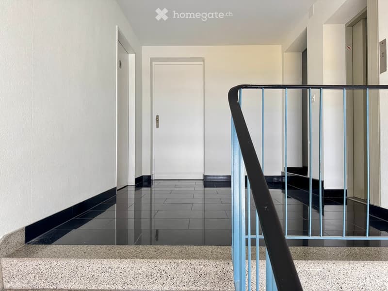 modern, white walls, black tiled floor, blue railing, white doors, elevator