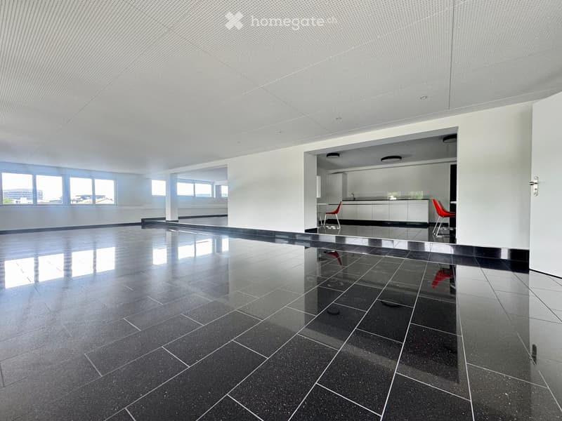 large open room, black tiled floor, white walls, 2 red chairs, no furniture