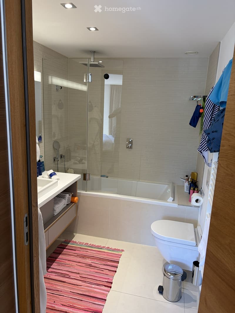 Modern bathroom with a bathtub, shower, sink, toilet, and various accessories including towels and a trash can.