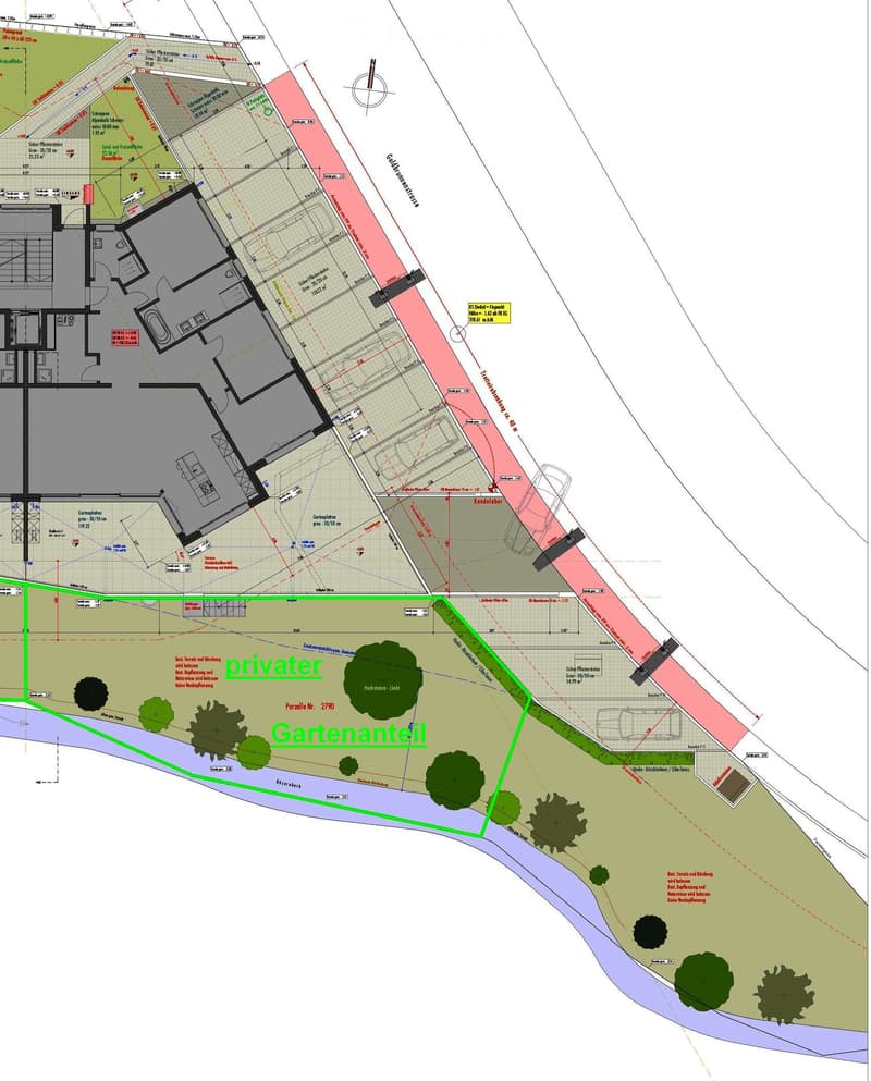 Floor plan of a residential property showing layout, dimensions, and surrounding land details. Includes labeled areas such as living space, garden plot, and neighboring plots.