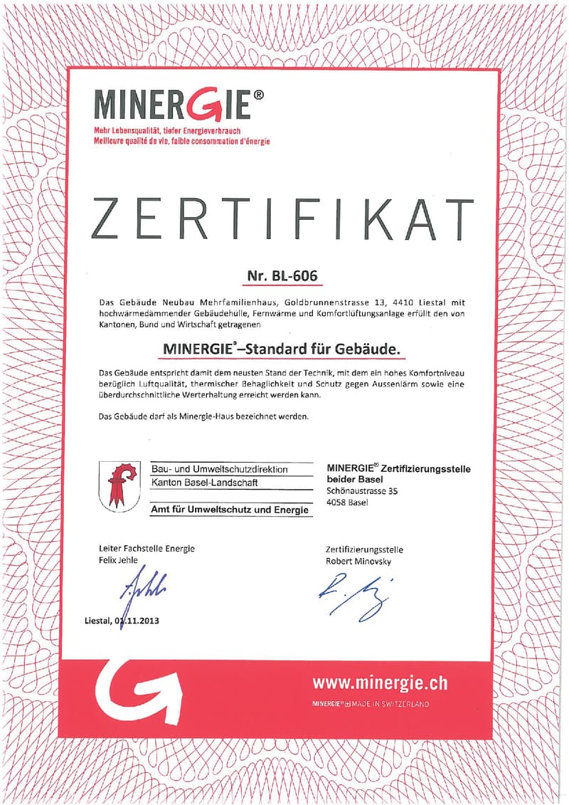 Certificate for a building in Liestal, Basel-Landschaft, confirming compliance with Minergie standards for energy efficiency and comfort.