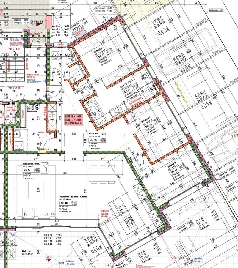 Floor plan of a residential building showing multiple rooms, including a living room, kitchen, bedrooms, bathrooms, and a balcony.