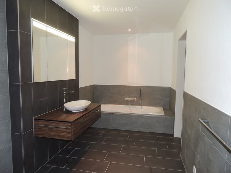 Modern bathroom with dark tiles, a wooden vanity, a white sink, a bathtub, and a large mirror with built-in lighting.