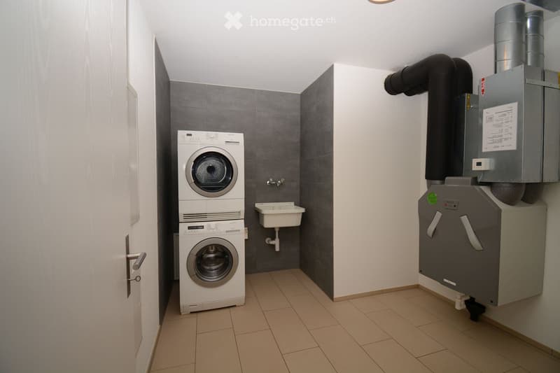 Clean, modern bathroom with a washing machine, a sink, and a faucet. The walls are tiled in dark gray, and the floor is tiled in light beige.