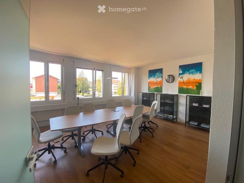Bright meeting room with large windows, a long rectangular table surrounded by chairs, and shelves with books and decorative items.