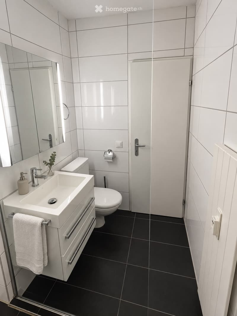 Modern bathroom with white tiles, black floor, sink with faucet, mirror, toilet, towel, and small plant on the sink.
