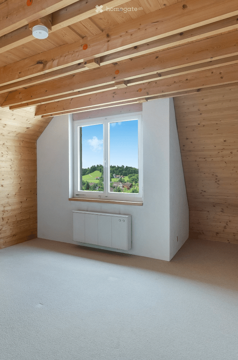 Attic room, wooden wall, window, heater, carpet