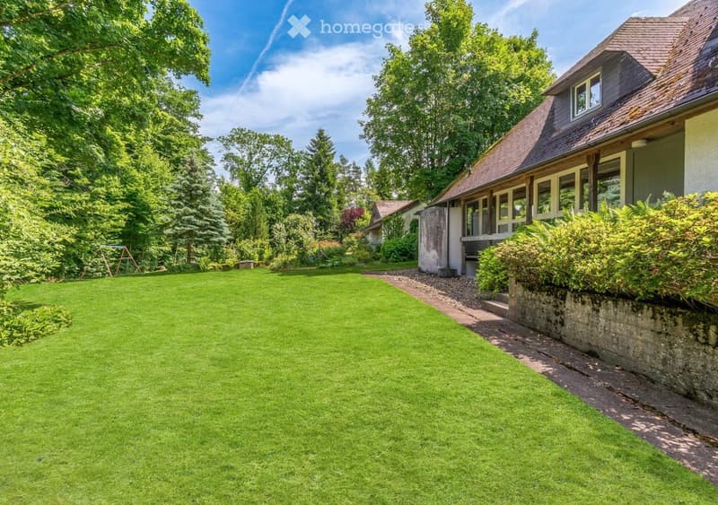 a spacious lush green lawn, with some plants and trees, and a house on the side