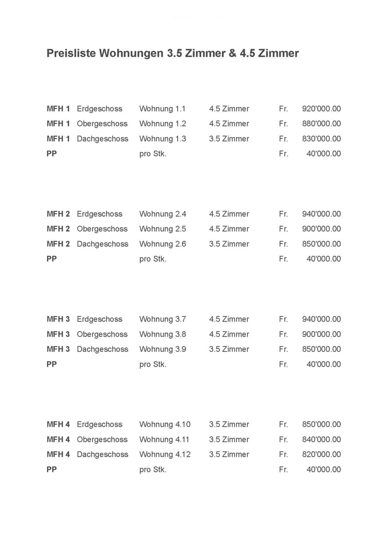 Price list for 3.5 and 4.5 room apartments across four multi-family houses (MFH) with ground, upper, and roof floors, showing apartment numbers and prices in Swiss Francs.