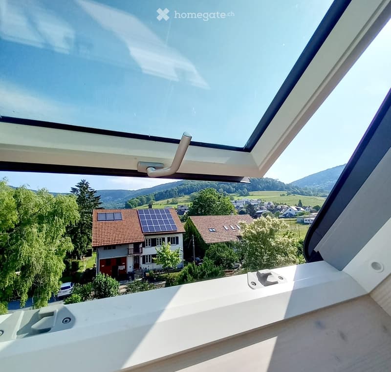 View from a balcony showing a rural landscape with houses, trees, and solar panels on a roof.