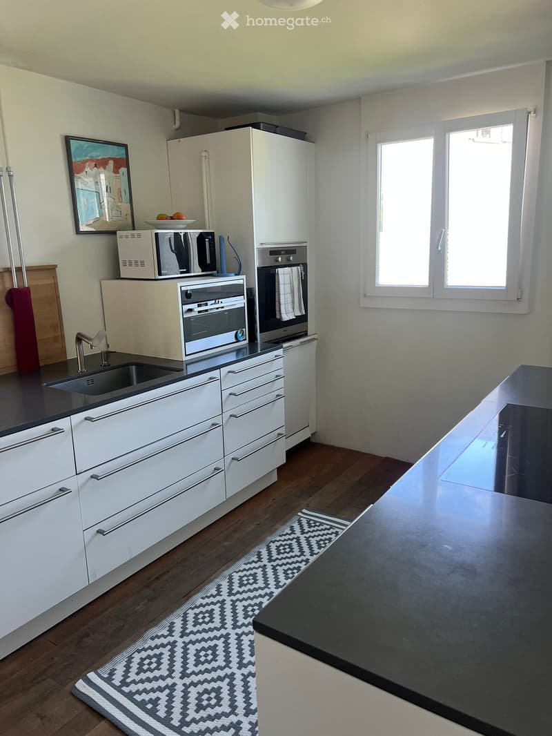 Modern kitchen with white cabinets, stainless steel appliances, a black countertop, and a patterned rug on the wooden floor.