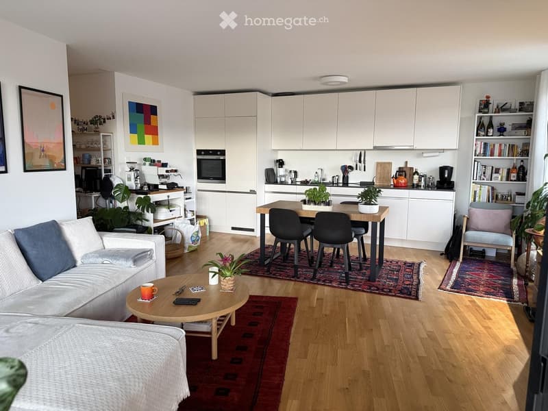 A modern, open-plan living and dining area with a grey sofa, wooden coffee table, dining table with chairs, kitchen area with white cabinets, and various decorative items including plants and artwork.