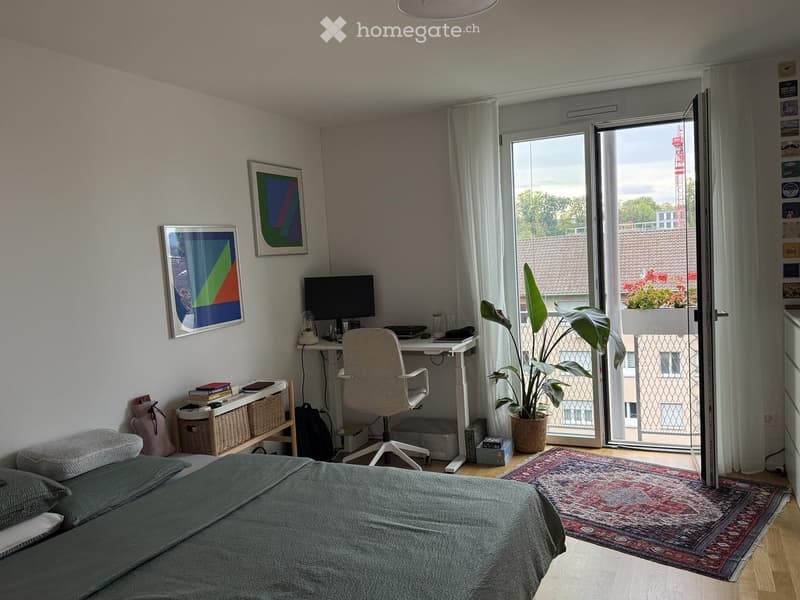 Cozy bedroom with a bed, desk, chair, and large window leading to a balcony. Includes a plant, rug, and storage unit.