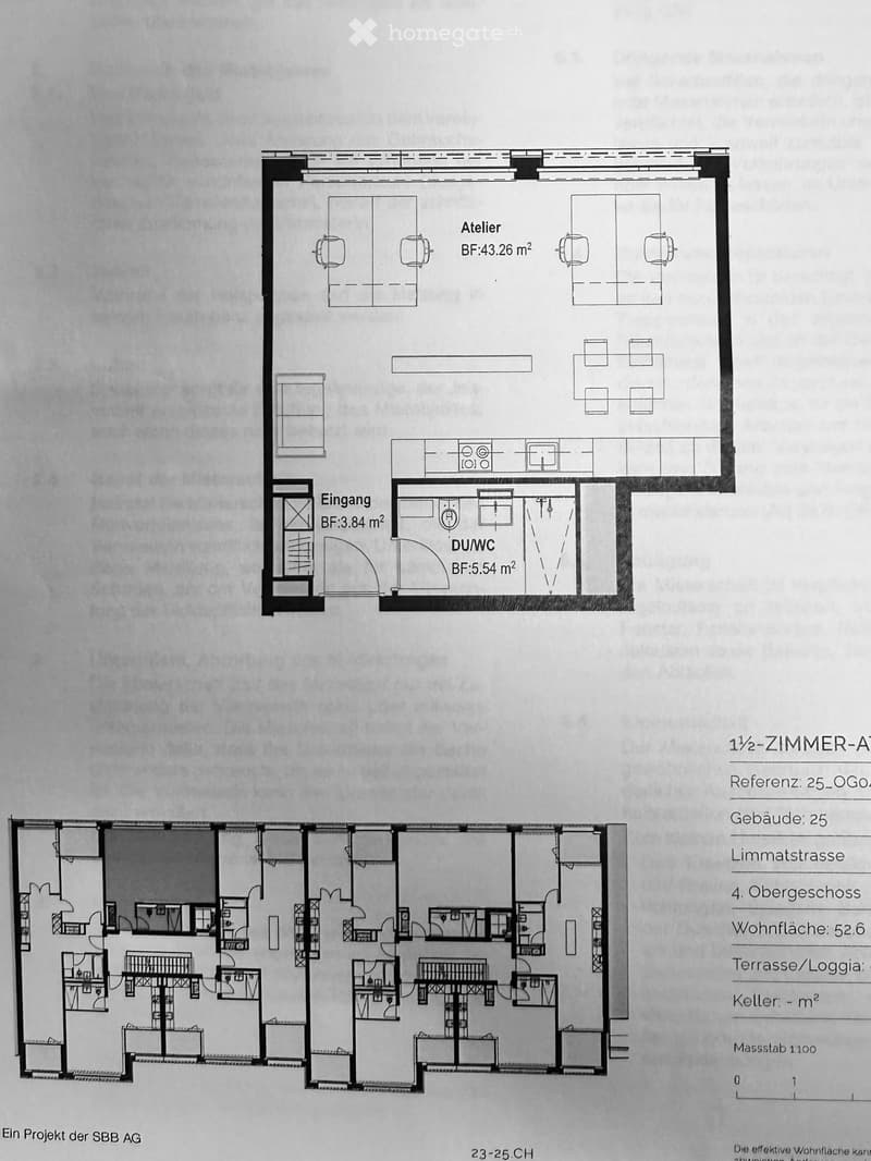 Floor plan showing a 1.5-room apartment layout with an entrance, bathroom, and studio area. Includes dimensions and reference details.